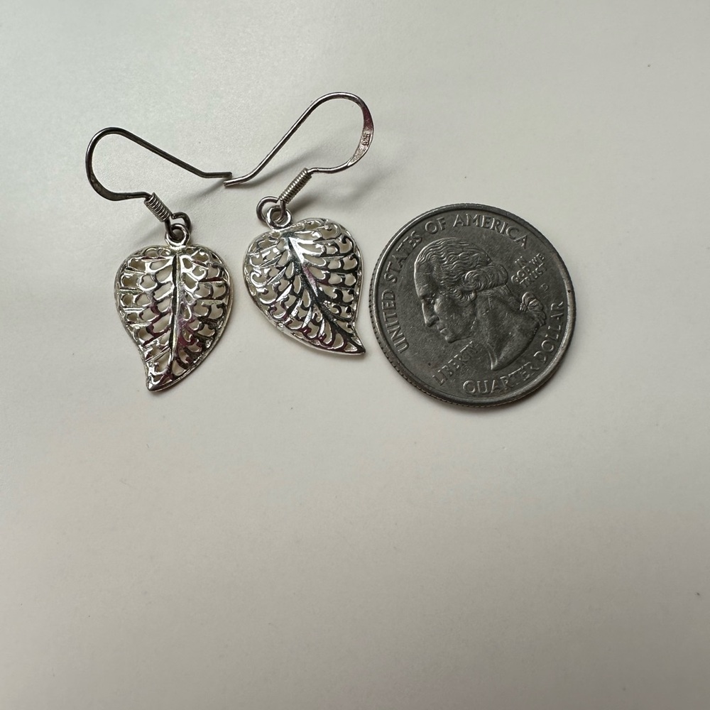 Silver 925 Stamped Filigree Leaves Dangle Earrings